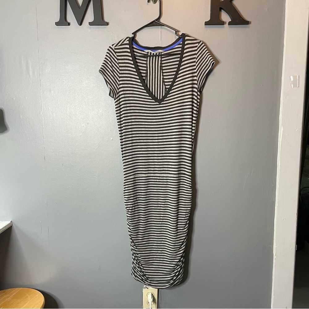 Athleta Black and gray striped ruched Midi Dress size small body con - Picture 2 of 10